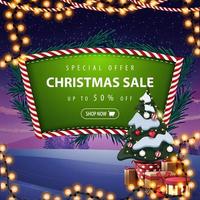 Special offer, Christmas sale, up to 50 off, green discount banner with Christmas tree branches, garland, winter landscape on the background and Christmas tree in a pot with gifts vector