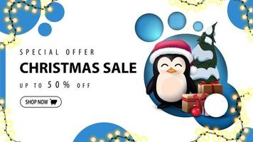 banner de descuento moderno, oferta especial, venta de navidad, hasta 50 de descuento. Banner de descuento con diseño moderno con círculos azules y pingüino con sombrero de santa claus con regalos vector