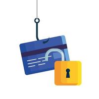 concepto de estafa en línea de piratería de phishing de datos, con gancho de tarjeta de crédito