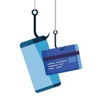 concepto de estafa en línea de piratería de phishing de datos, con gancho para teléfono inteligente y tarjeta de crédito vector