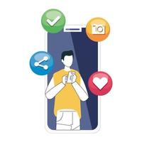 man and smartphone with social media icons, concept of online communication on white background vector