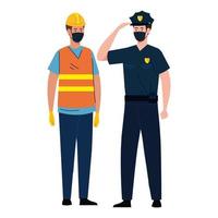 worker construction with policeman using face mask during covid 19 on white background vector