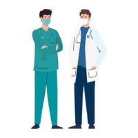 doctor with paramedic using face mask during covid 19 on white background vector