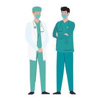 doctor with paramedic using face mask during covid 19 on white background vector