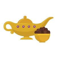 golden arabian magic lamp and plate with dates fruit, on white background vector