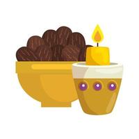 traditional arabic plate with dates fruit and candle, ramadan kareem concept vector