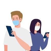 Mujer y hombre con máscaras médicas con diseño vectorial de teléfono inteligente vector