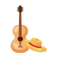 Guitarra clásica de madera con sombrero de mimbre sobre fondo blanco. vector