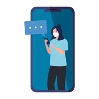 Woman with medical mask holding smartphone and bubble vector design