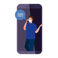 Man with medical mask holding smartphone and bubble vector design