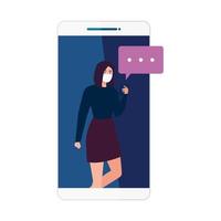 Woman with medical mask holding smartphone and bubble vector design