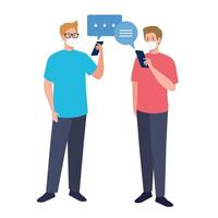 Men with masks holding smartphone and communication bubbles vector design