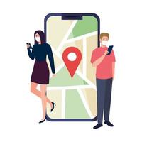 Woman and man with masks holding smartphone and gps mark vector design