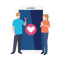 Mujer y hombre con máscaras sosteniendo smartphone y diseño de vector de icono de corazón