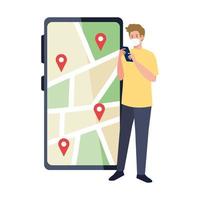 Hombre con máscara sosteniendo marcas de teléfono inteligente y gps en el mapa de diseño vectorial vector