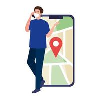 Hombre con máscara sosteniendo teléfono inteligente y marca gps en el mapa de diseño vectorial vector