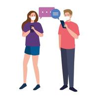 Woman and man with medical masks holding smartphone and bubbles vector design