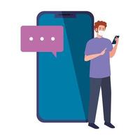 Hombre con máscara médica sosteniendo smartphone y diseño de vector de burbuja