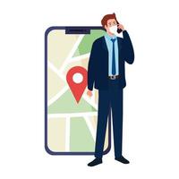 Man with mask holding smartphone and gps mark on map vector design