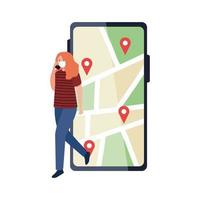 Mujer con máscara sosteniendo marcas de teléfono inteligente y gps en el mapa de diseño vectorial vector