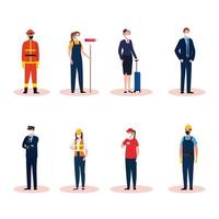 people workers with uniforms and worker masks vector design