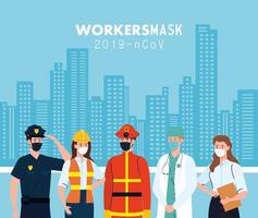 people workers with worker masks in front of city buildings vector design