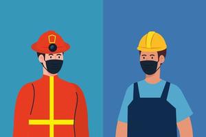 Bombero masculino y constructor con diseño vectorial de máscaras vector