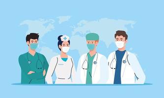 female and male nurse and doctors with uniforms and masks vector design