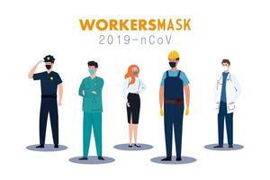 people workers with uniforms and worker masks vector design