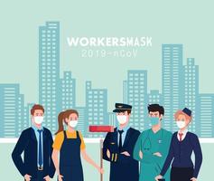 people workers with workermasks in front of city buildings vector design