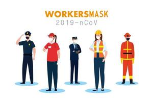 Trabajadores de personas con uniformes y máscaras de trabajadores diseño vectorial vector