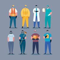 people workers with uniforms and worker masks vector design