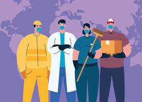 people workers with worker masks and world map vector design