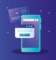 Tarjeta de crédito de teléfono inteligente y sitio web con diseño de vector de botón de pago ahora