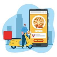 Repartidor con máscara motocicleta caja de pizza y diseño vectorial de teléfono inteligente vector