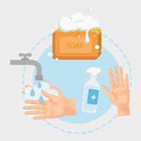Hands sanitizer bottle and soap bar vector design