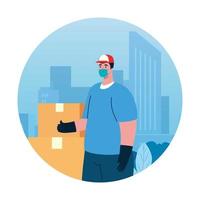 Delivery man with mask and boxes vector design