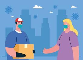 Delivery man and woman client with mask and box vector design