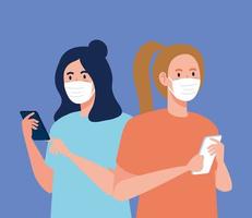 Women with medical masks holding smartphone vector design