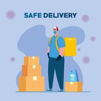 Delivery man with mask food bag and boxes vector design