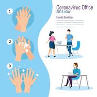 Businesspeople at office and hands sanitizer vector design