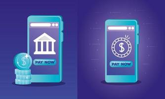 Smartphones with bank and coins vector design