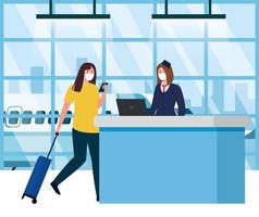 Stewardess on reception and woman with medical masks and bag vector design