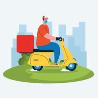 Delivery man with mask motorcycle and box vector design