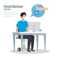 Businessman with mask on desk and hands sanitizer vector design