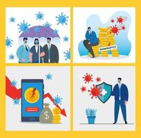 businesspeople with masks and icon set of bankruptcy vector design