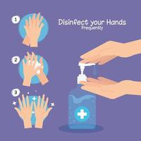 Hands sanitizer bottle and hands washing steps vector design