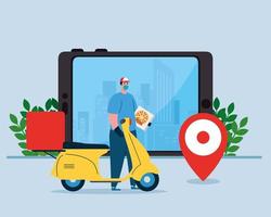 Delivery man with mask motorcycle pizza box and smartphone vector design