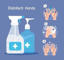 Hands sanitizer bottles and hands washing steps vector design