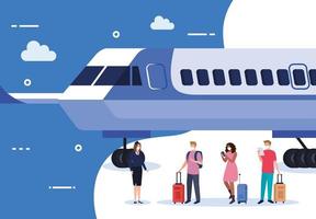 Airplane stewardess and people with medical masks and bags vector design